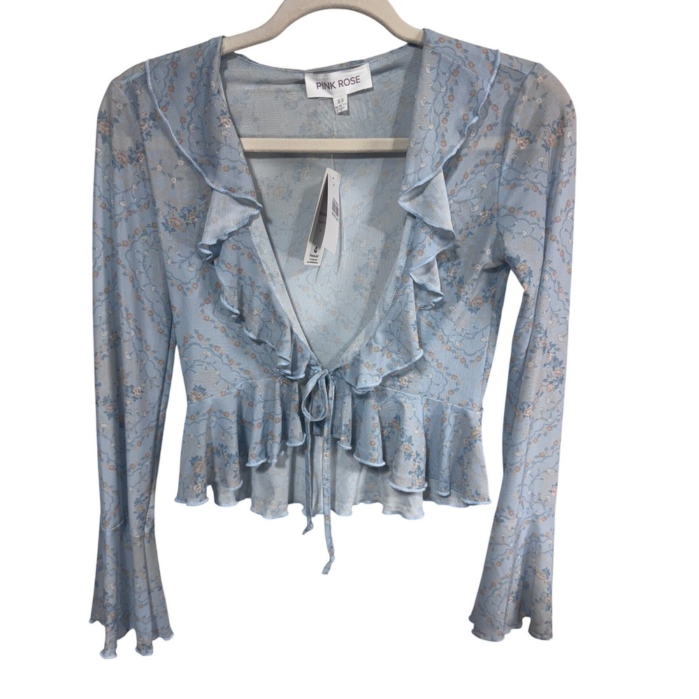 Pink Rose Women's XS Blue Tile Top‎ Floral Mesh Ruffle Tie Front Bell Sleeve